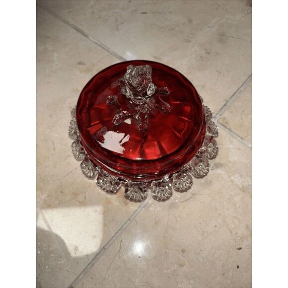 Hand Blown Vintage Cranberry Glass With Lid Glass 7” - Picture 3 of 8